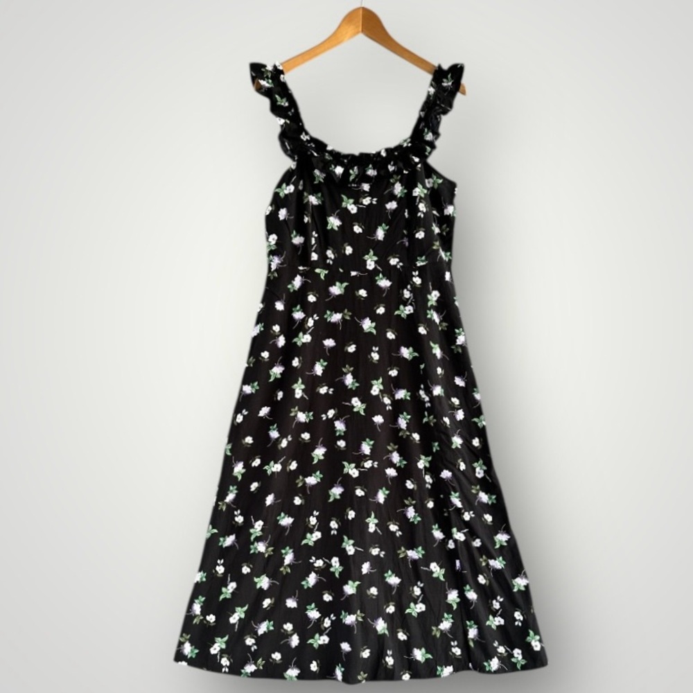 LOFT Black Floral Ruffle-Strap Midi Dress